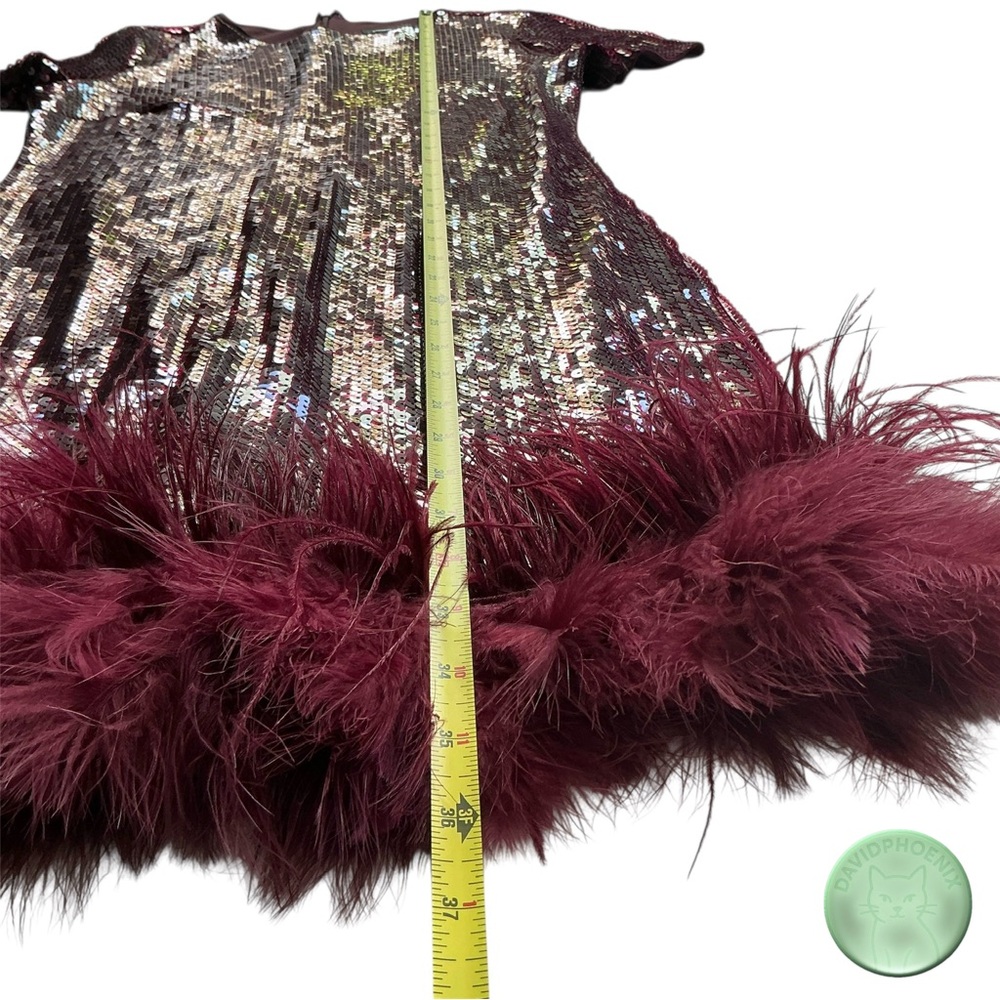 Express Burgundy Sequin Feather Hem Mini Dress – Size Medium New Without Tags - Picture 11 of 14